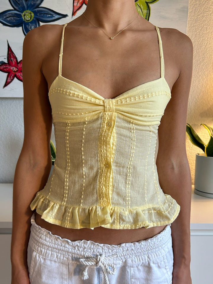 Damen Verspieltes Spaghetti-Trägertop mit Rüschen und Knopfdetail Drune
