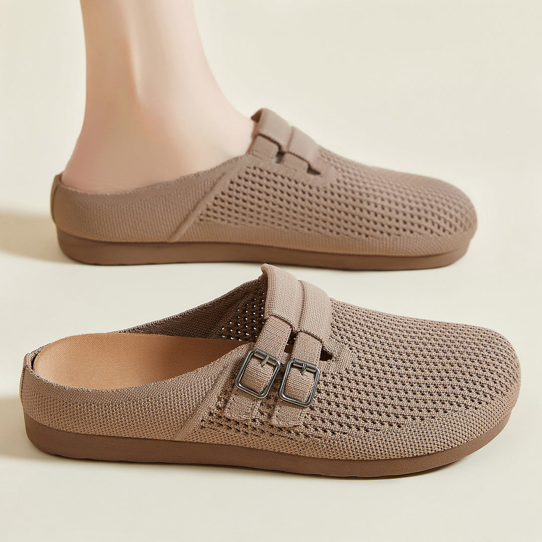Damen nan gestrickter Clog-Mule mit doppelter Metallschnalle, atmungsaktivem 3D-Strickoberteil und ergonomischem Memory-Fußbett Drune