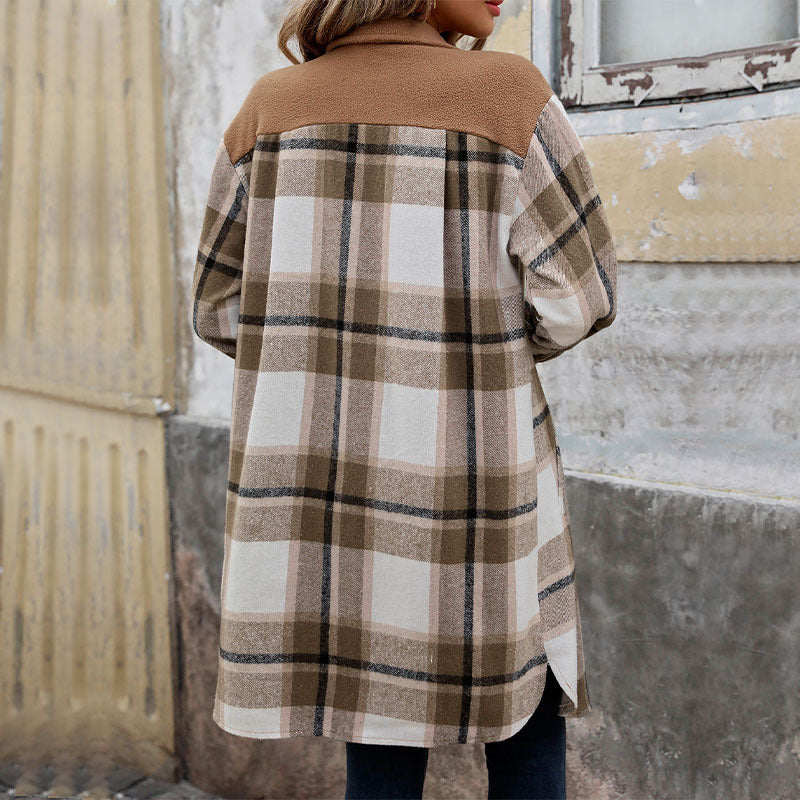 Damen karierte Langarmjacke mit praktischen Taschen und modernem Schnitt Drune