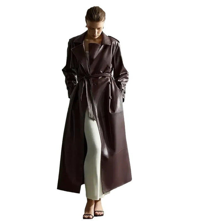Damen Modischer Kunstleder-Trenchcoat mit Gürtel Drune
