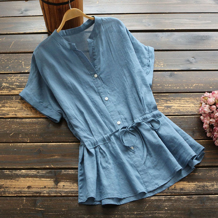 Damen Button-Up Tunika mit tailliertem Design und kurzen Ärmeln Drune