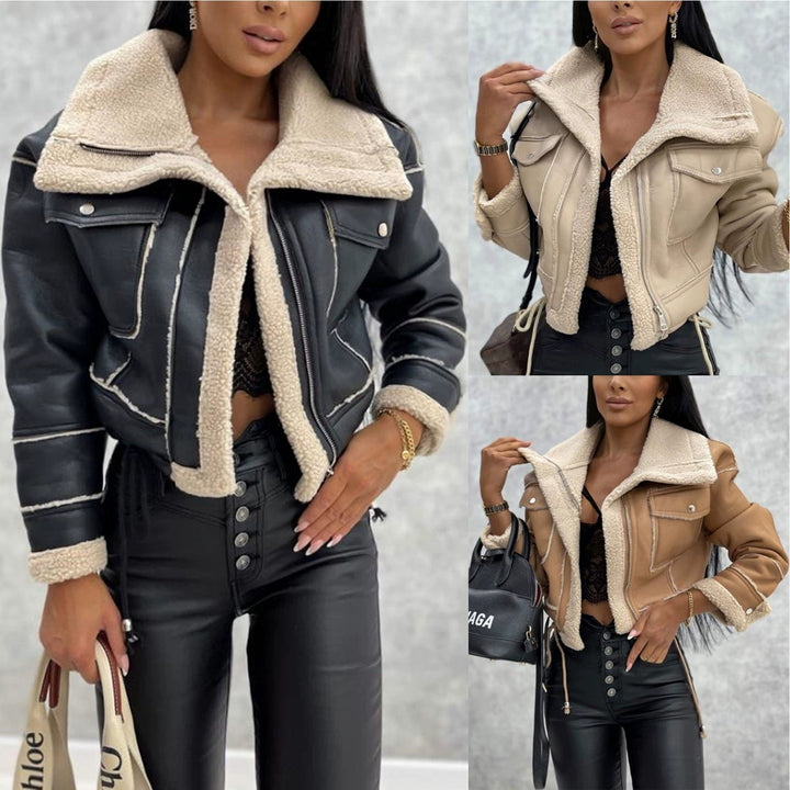Damen Short Lederjacke mit warmem Fleece-Futter Drune