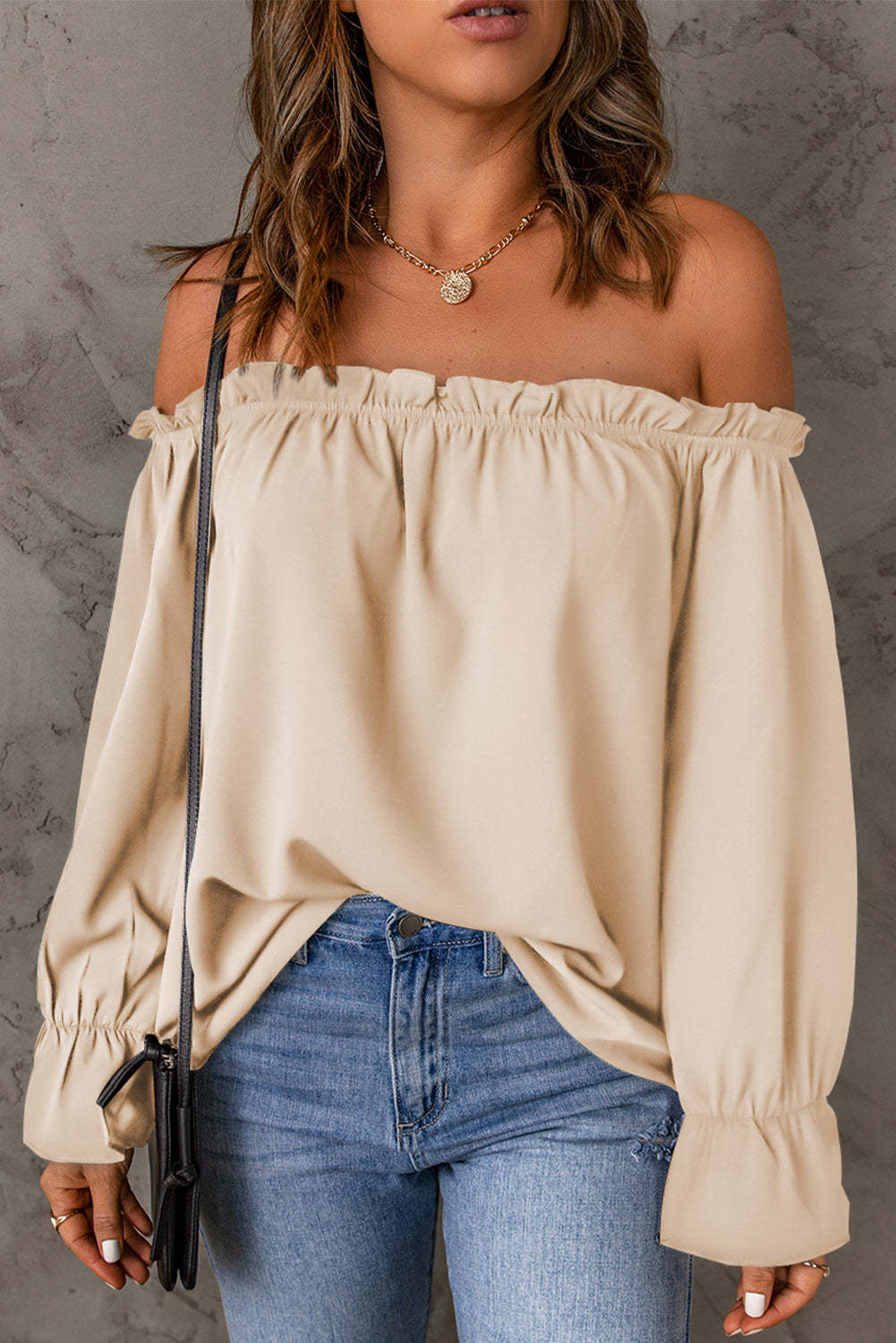 Damen schickes Off-Shoulder Oberteil mit Rüschendetails und elastischen Bündchen Drune