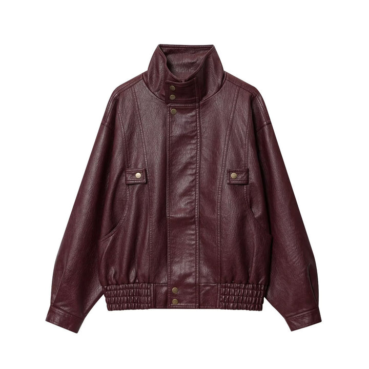 Damen modische Kunstlederjacke mit hohen Kragen und praktischen Knopfdetails Drune