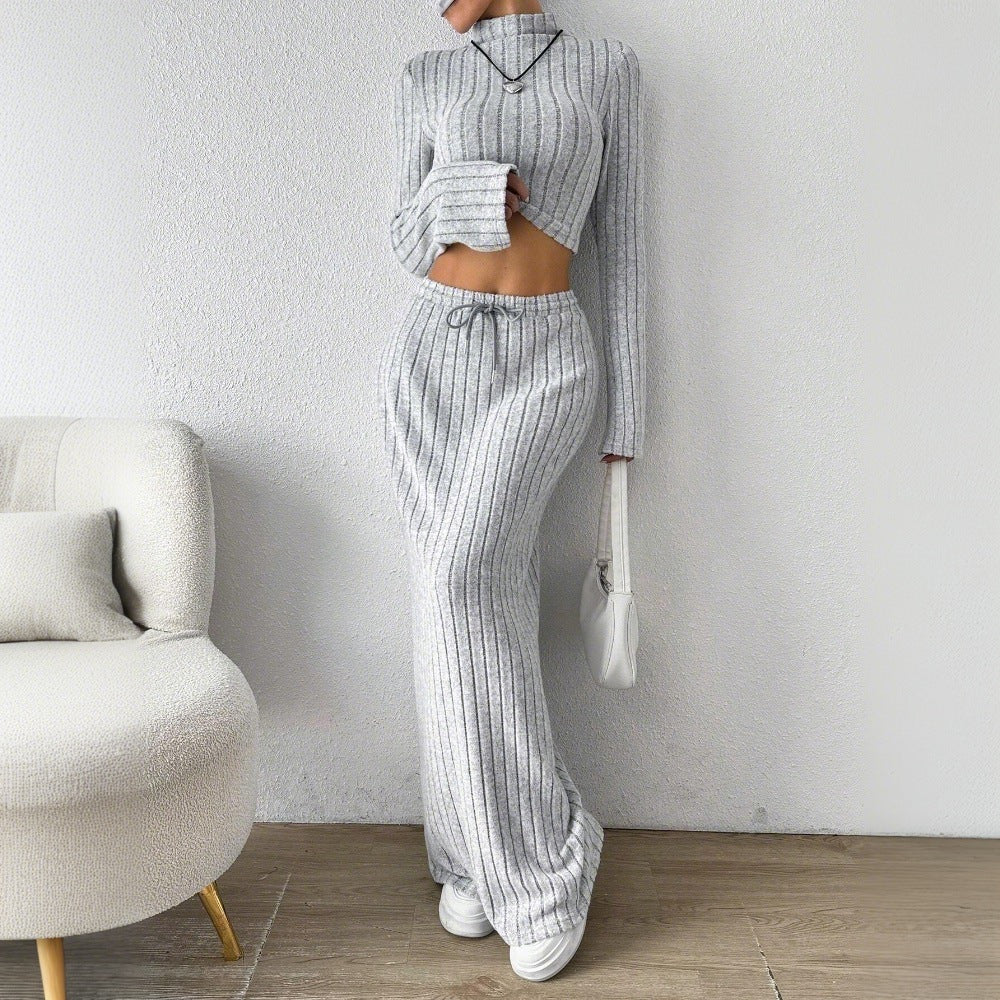 Damen Langarm Crop-Top und Maxi-Rock Set mit eleganter Rippstruktur Drune