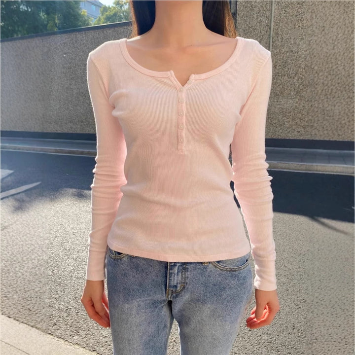 Damen Langarmshirt mit Knopfleiste und feiner Rippstruktur Drune