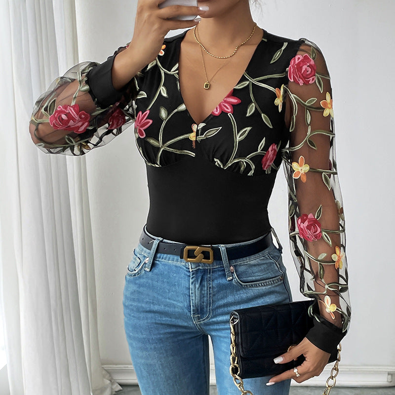 Damen Body mit transparenten, bestickten Puffärmeln und V-Ausschnitt Drune