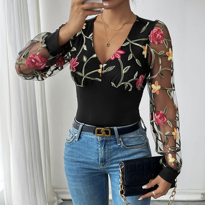 Damen Body mit transparenten, bestickten Puffärmeln und V-Ausschnitt Drune