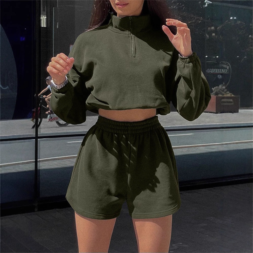 Damen Sportliches Cropped-Kapuzenoberteil mit kurzen Hosen Drune