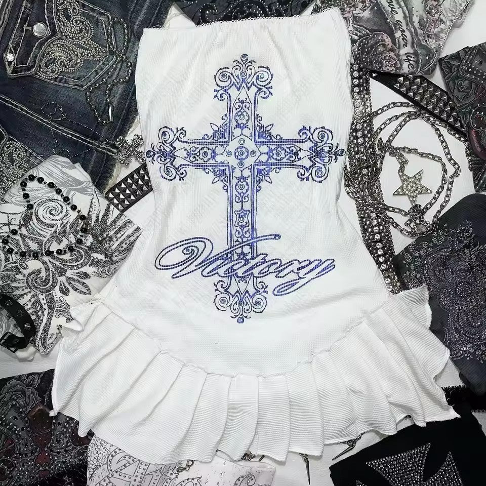 Damen Figurbetontes Rüschenkleid mit Kreuzmotiv Drune
