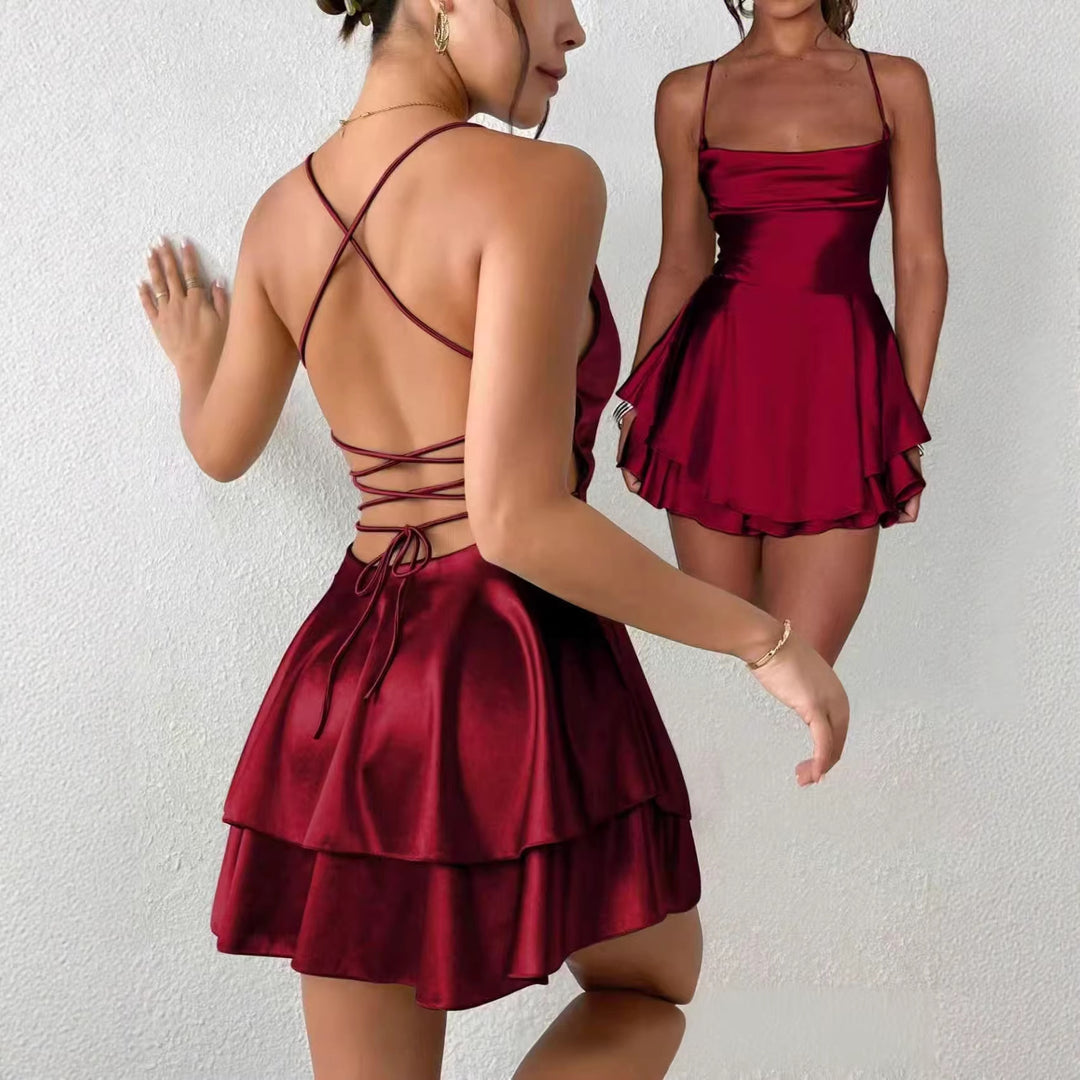 Damen Charmantes Minikleid mit Schichten und Spaghettiträgern Drune