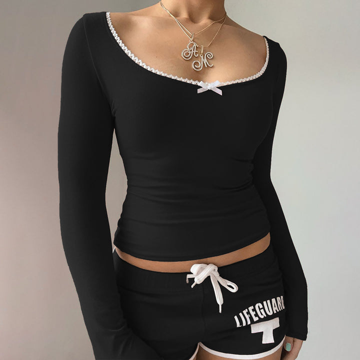 Damen Langarmshirt mit elegantem Rundhalsausschnitt und feinen Spitzenakzenten Drune