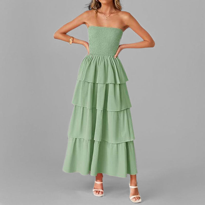Damen Maxikleid mit schulterfreiem Design und voluminösen Rüschenschichten Drune