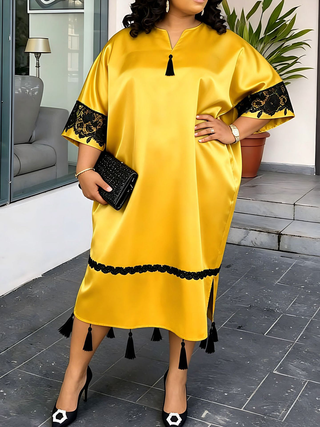 Damen Elegante Satin-Kaftanrobe mit Spitzenakzenten Drune
