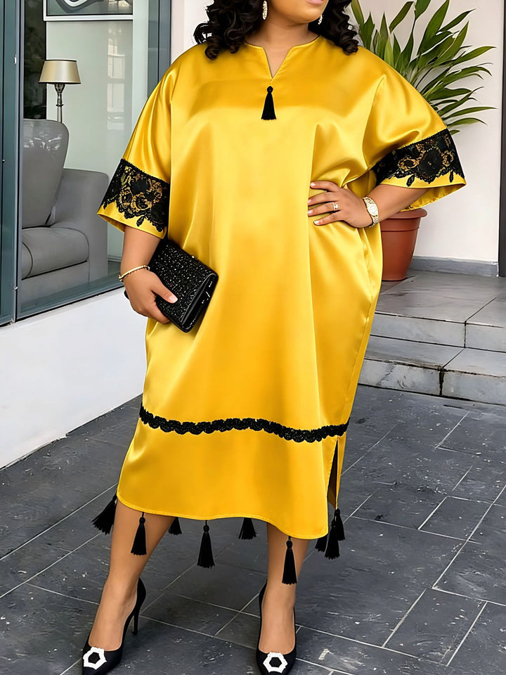 Damen Elegante Satin-Kaftanrobe mit Spitzenakzenten Drune