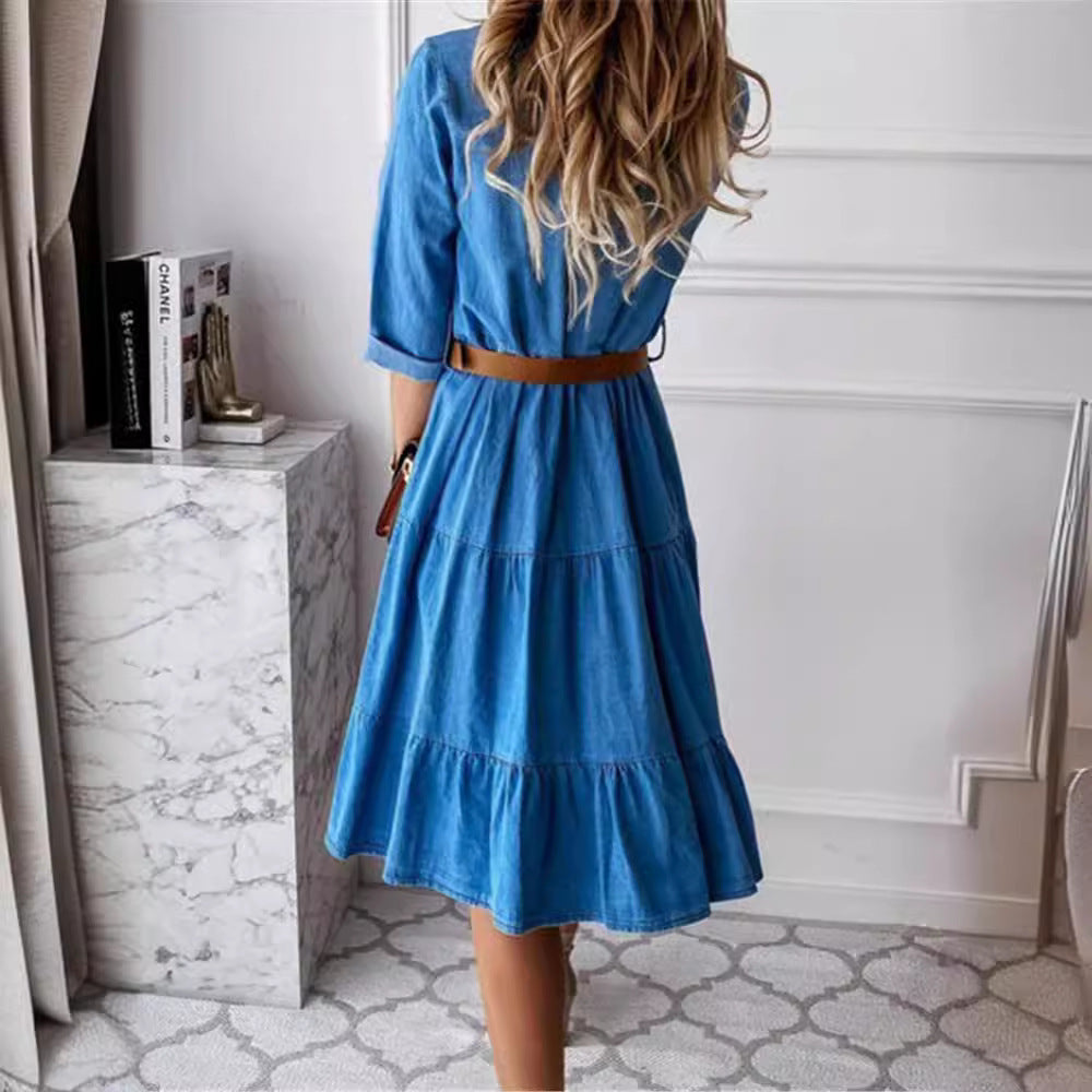 Damen nan Stufen-Hemdblusenkleid mit Taillenbetonung, durchgehender Knopfleiste und Brusttasche Drune