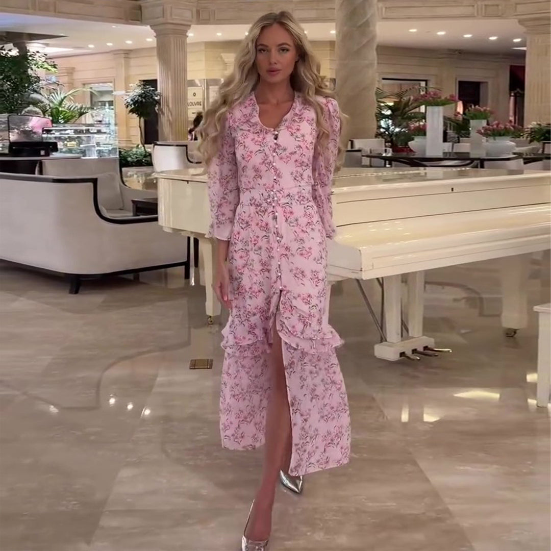 Damen Maxikleid mit floralem Design und hochgeschlossenem Ausschnitt Drune