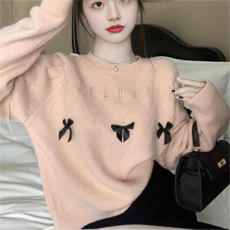 Damen gemütlicher Pullover mit verspielten Schleifenapplikationen Drune