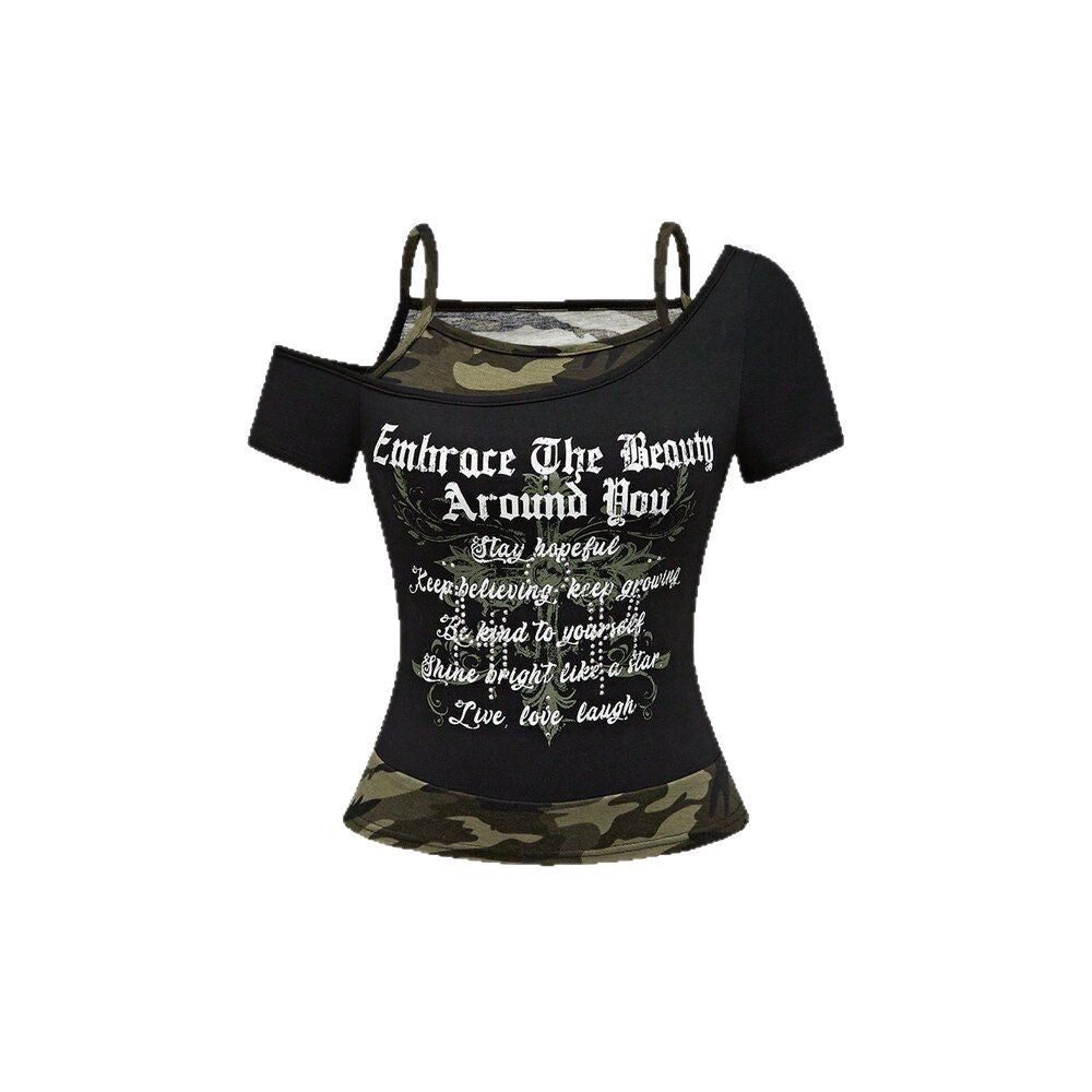 Damen Off-Shoulder Top mit Camouflage-Muster Drune