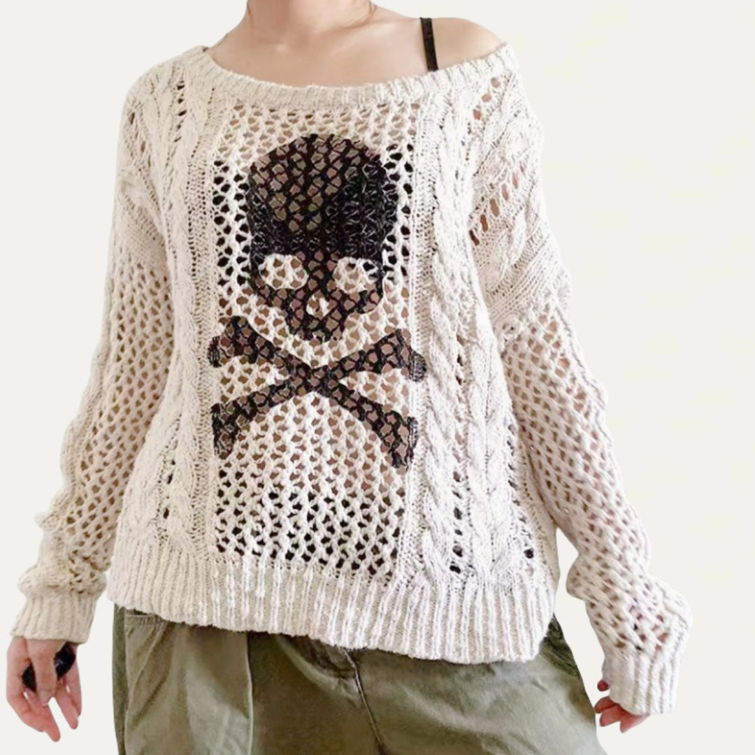 Damen Oversized Strickpullover mit kreativem Lochmuster und Anker-Design Drune