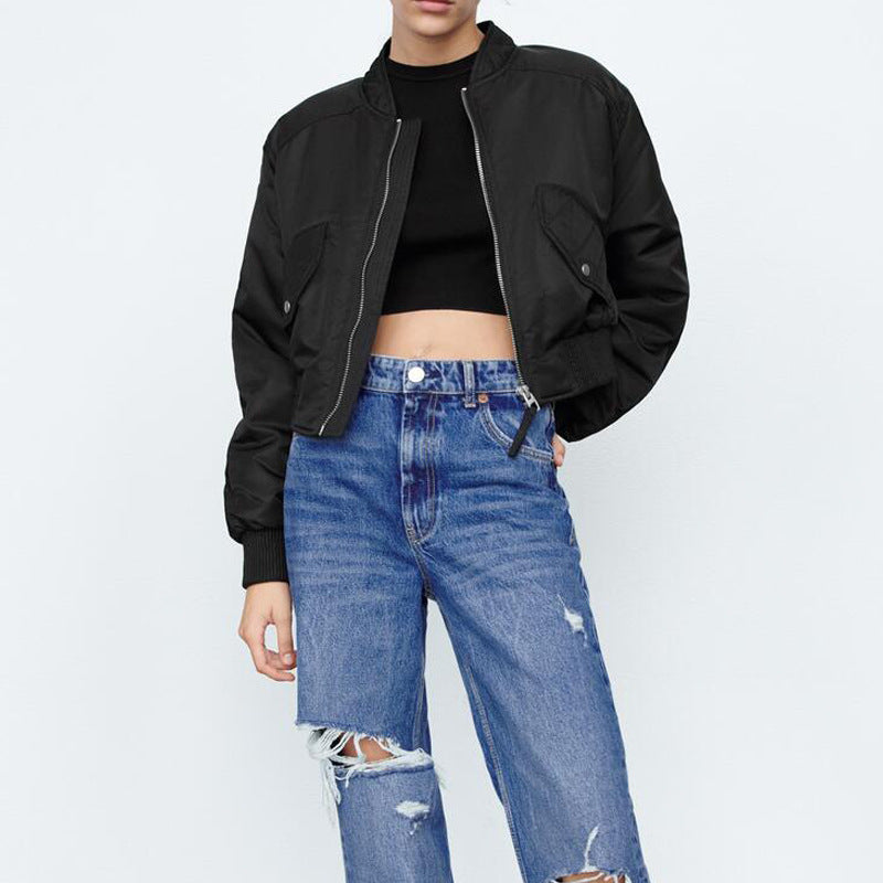 Damen modische cropped Bomberjacke mit praktischen Taschen und elastischen Bündchen Drune