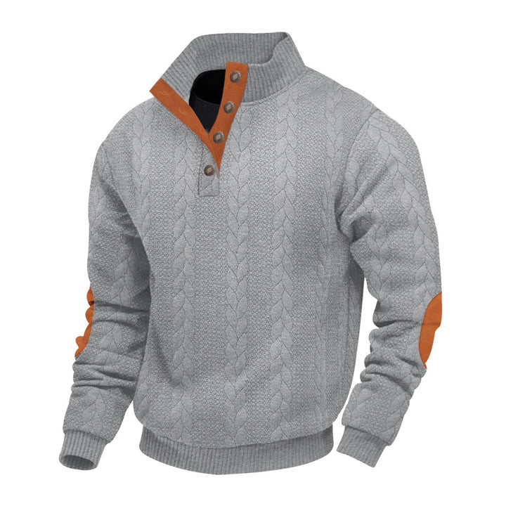 Herren nan strukturiertes Kabelstrick-Henley-Pullover mit Stehkragen und Ellbogenpatches Drune