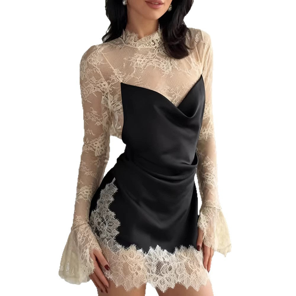 Damen Chiffon Abendkleid mit eleganten Spitzendetails und schwingenden Ärmeln Drune