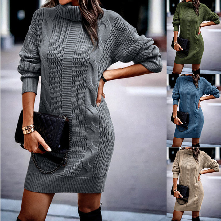 Damen Strickkleid mit hohem Kragen und Kordelmuster Drune