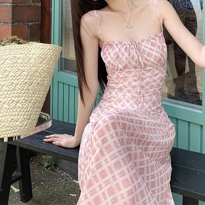 Damen Maxikleid mit Spaghettiträgern und eleganter Raffungen Drune