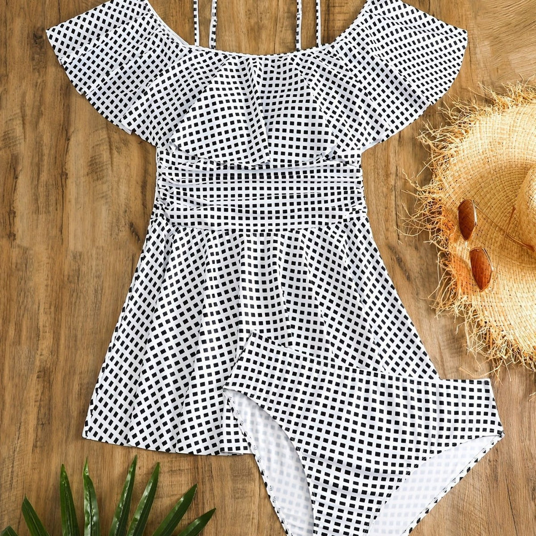 Damen Badeanzug-Set mit Rüschendetails und elegantem Karomuster Drune