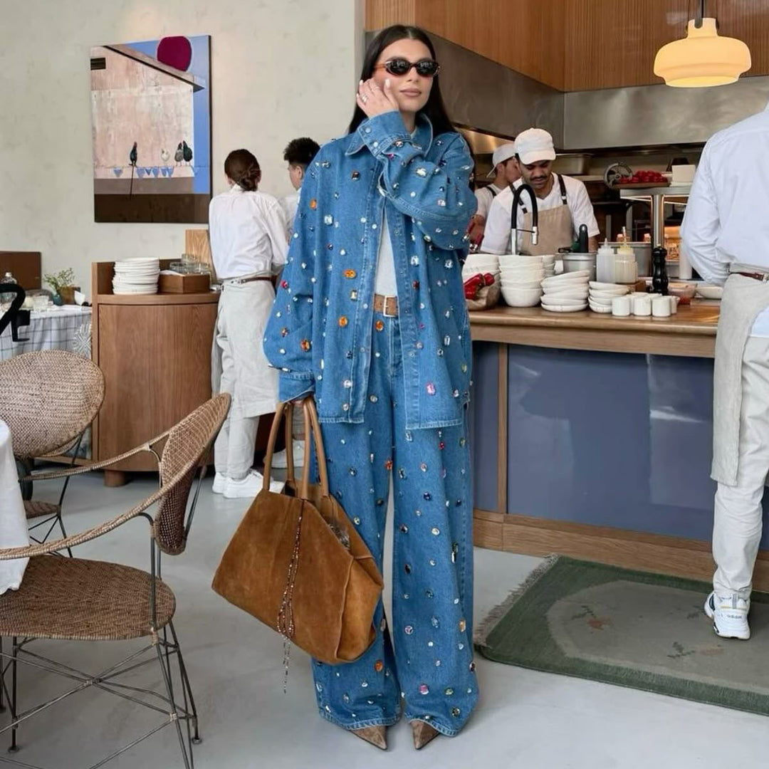 Damen Denim-Set mit bunten Applikationen und weitem Schnitt Drune