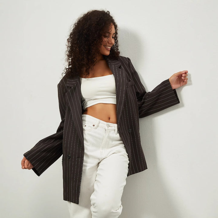 Damen Modische Oversized Blazer mit senkrechtem Streifenmuster Drune