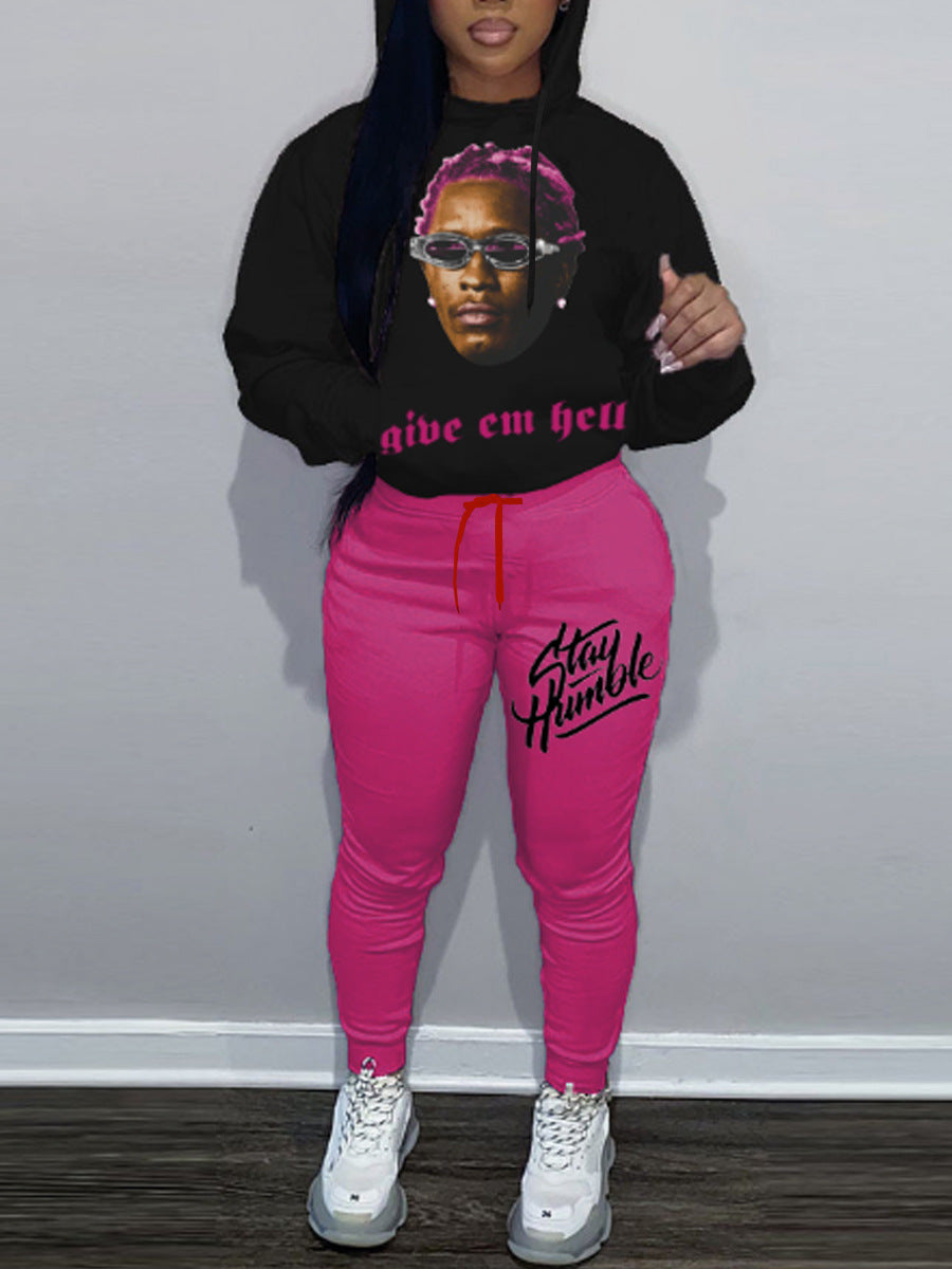 Damen Sportliches Hoodie- und Jogginghose-Set mit kreativem Grafikdruck und auffälligem Design Drune