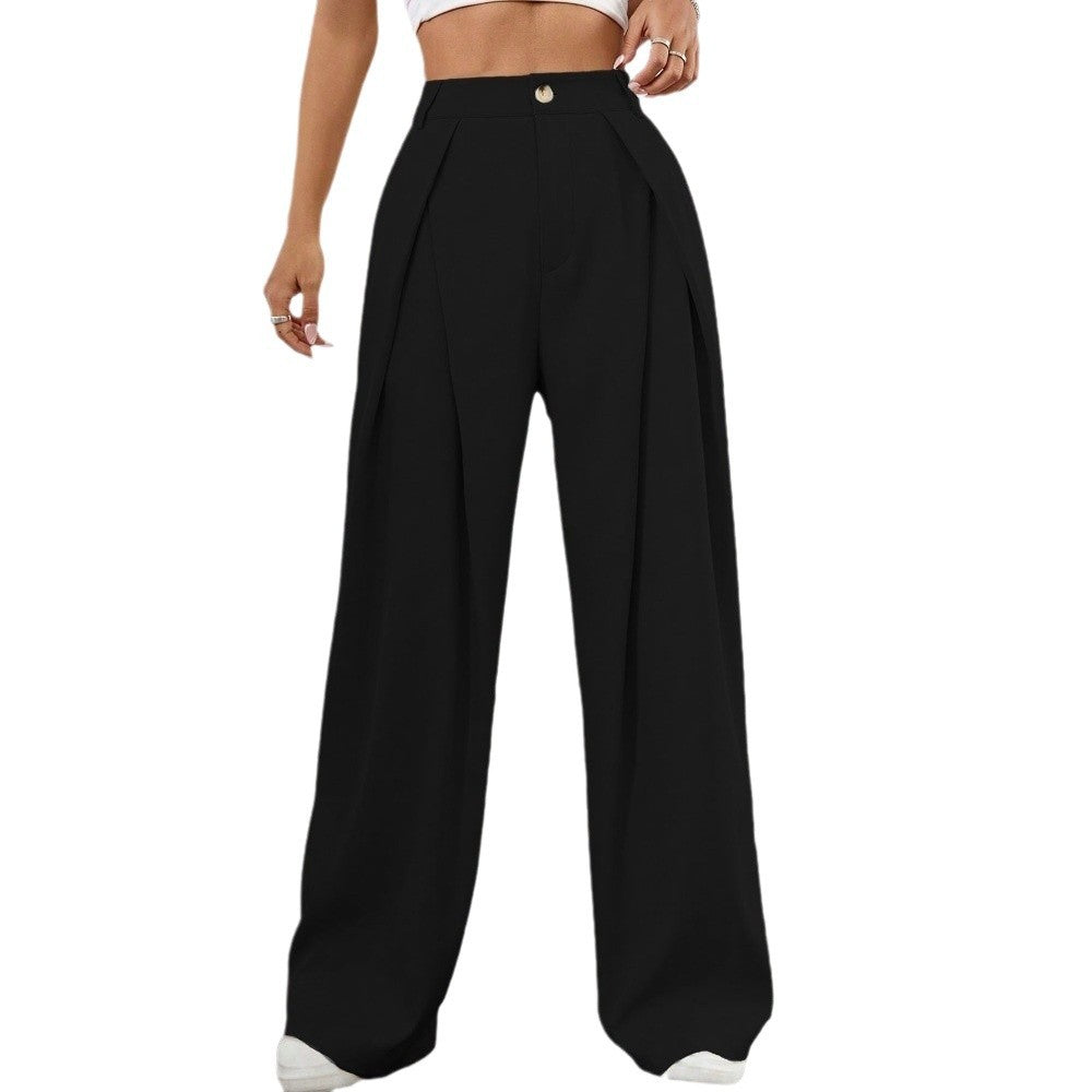 Damen großzügige High-Waist Palazzo-Hose mit eleganten Falten und sichtbarem Knopf Drune