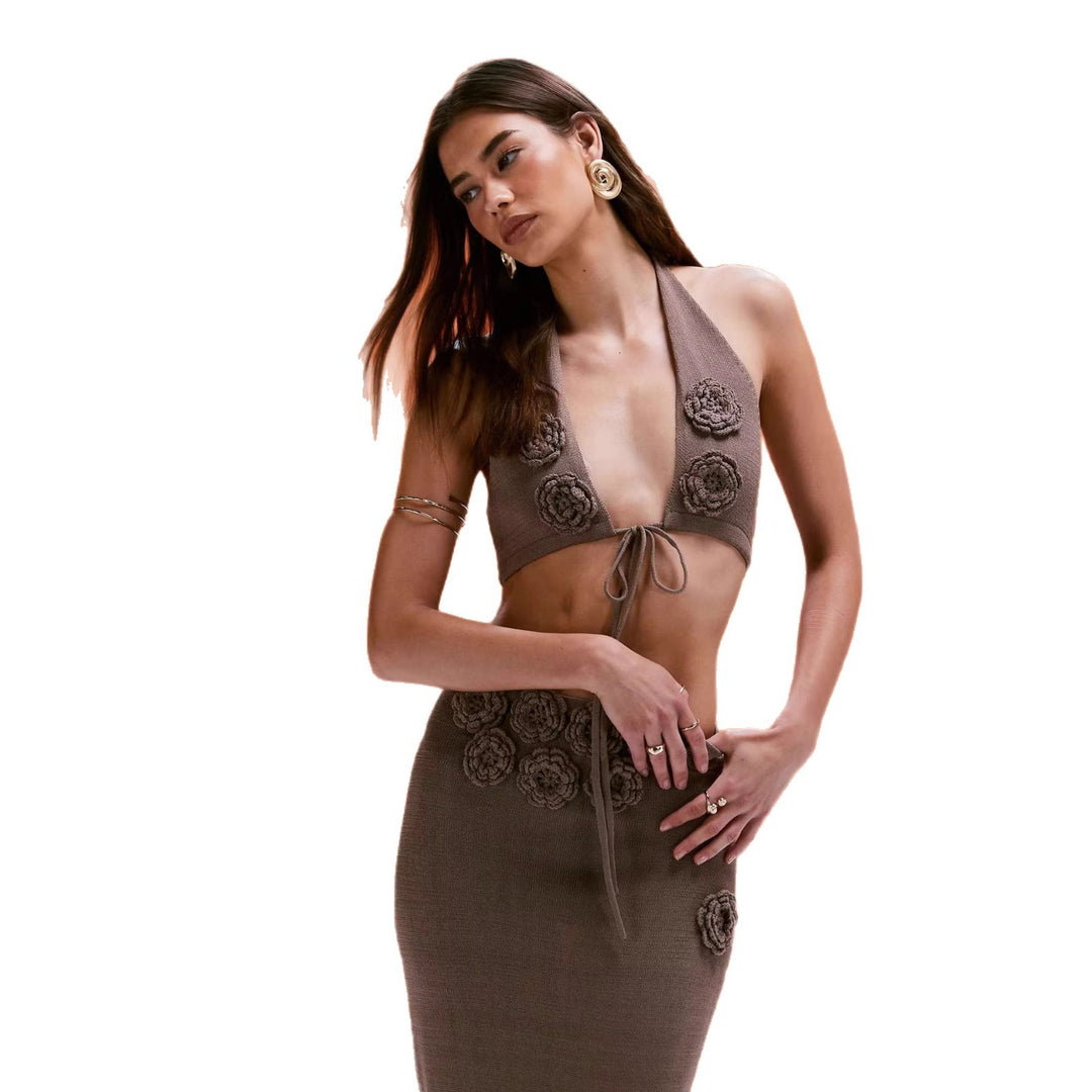 Damen Elegantes Maxikleid mit Halterneck-Design und floralen Applikationen Drune