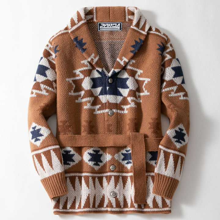 Damen Strickjacke mit geometrischem Muster und Gürtel Drune