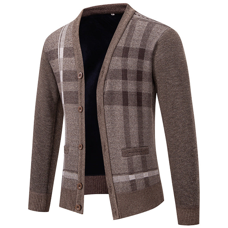 Herren stilvolle Strickjacke mit modernem Karomuster und praktischen Taschen Drune