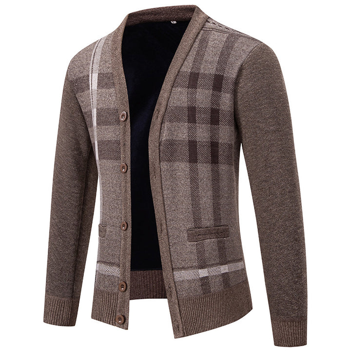 Herren stilvolle Strickjacke mit modernem Karomuster und praktischen Taschen Drune