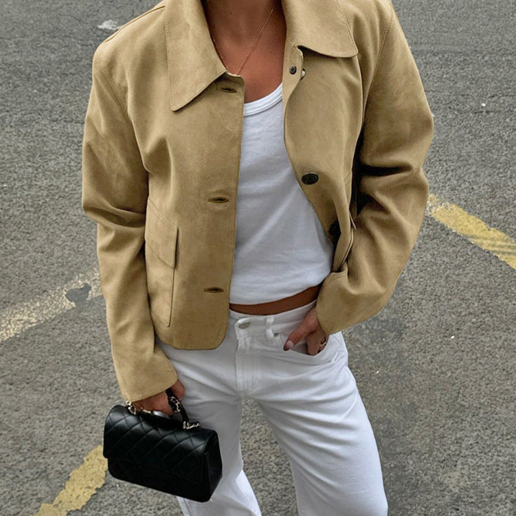 Damen Kurzjacke aus Wildleder mit großen Taschen und Button-Down-Verschluss Drune