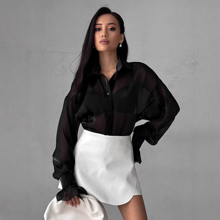 Damen Transparente Bluse mit voluminösen Ärmeln und eleganten Rüschendetails Drune