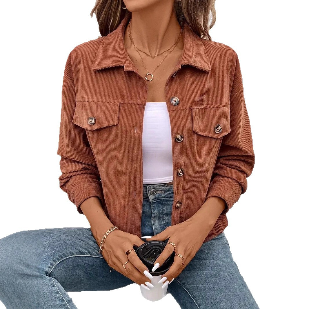 Damen lässige Cordjacke mit praktischen Taschen und modischen Knöpfen Drune