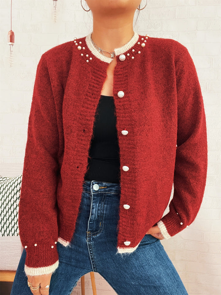 Damen edle Strickjacke mit dekorativen Knopfdetails und Perlenverzierungen Drune