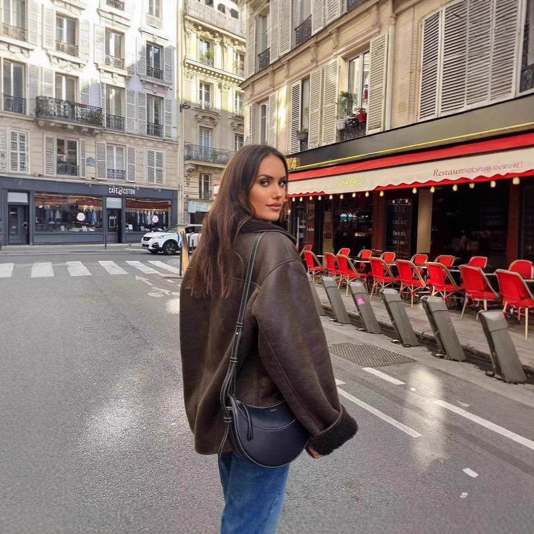 Damen nan Oversize Lammfellimitat Kunstlederjacke mit Sherpa-Kragen und Eingrifftaschen Drune