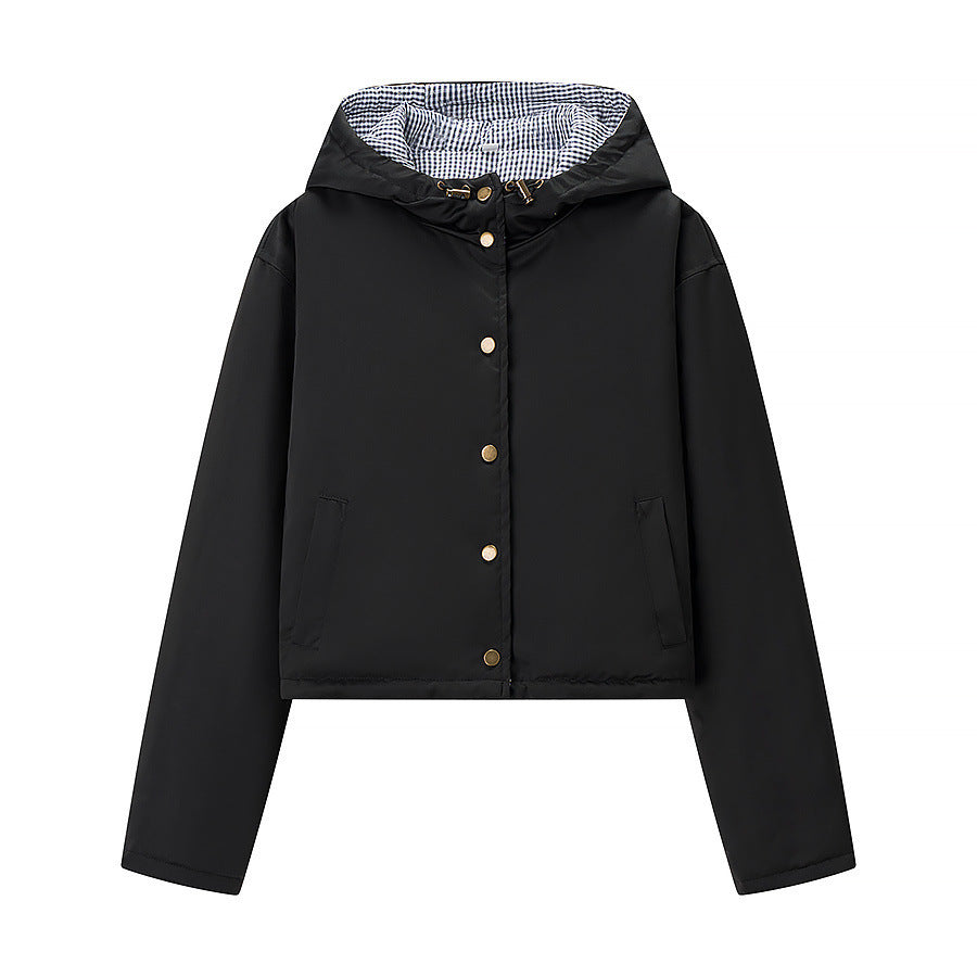 Damen modische cropped Übergangsjacke mit Kapuze und praktischen Taschen Drune
