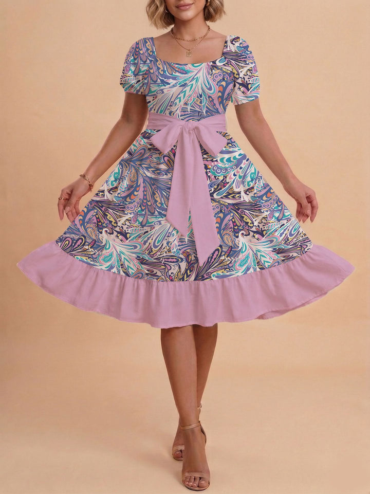 Damen Retro Maxikleid mit Puffärmeln und Taillengürtel Drune
