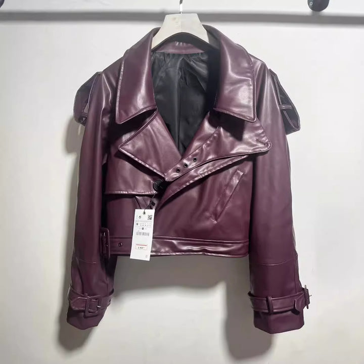 Damen coole cropped Kunstlederjacke mit asymmetrischem Kragen und modischem Design Drune