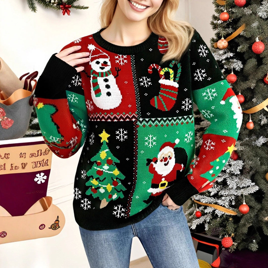 Damen Weihnachts-Pullover mit lustigem Schneemann- und Weihnachtsbaum-Motiv Drune