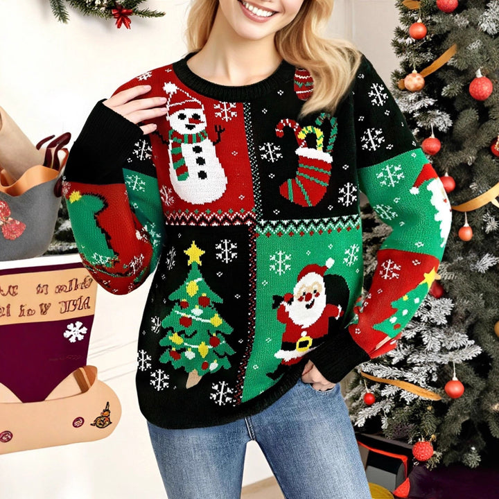 Damen Weihnachts-Pullover mit lustigem Schneemann- und Weihnachtsbaum-Motiv Drune