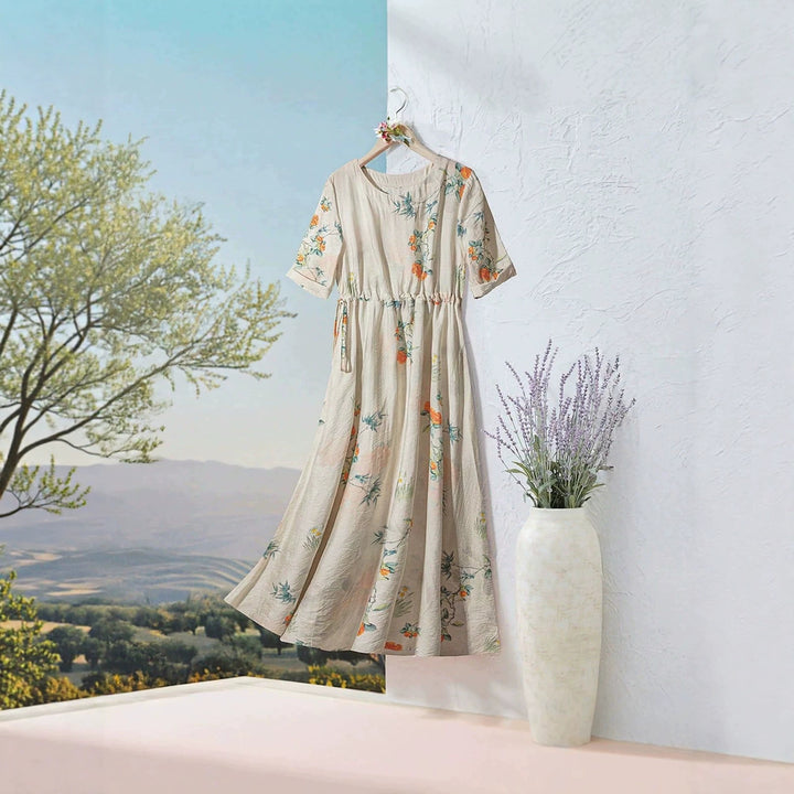 Damen Langarm Maxi-Kleid mit floralem Design und elastischem Bund Drune