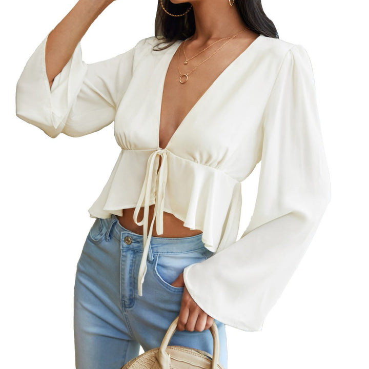 Damen elegantes Blusenoberteil mit tiefer V-Ausschnitt und Bindedetail Drune